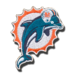Miami Dolphins logo embroidered iron-on patch featuring the team's iconic dolphin emblem with vibrant aqua and orange colors.
