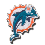 Miami Dolphins logo embroidered iron-on patch featuring the team's iconic dolphin emblem with vibrant aqua and orange colors.