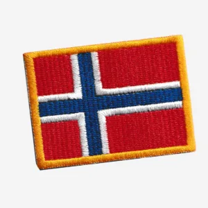 High-quality Norway Flag embroidered iron-on patch, featuring bold red, white, and blue colors.