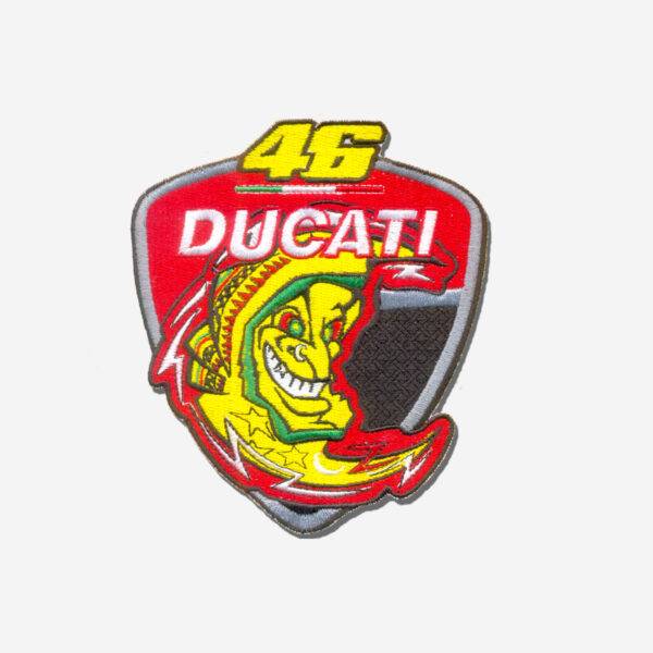 Valentino Rossi Ducati 46 Logo Embroidered Iron On Patches Valentino Rossi Ducati 46 embroidered iron-on patch featuring the iconic number 46 in vibrant yellow alongside the Ducati logo, symbolizing the legendary MotoGP partnership.