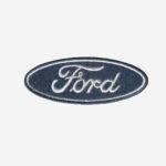 Blue and white Ford logo embroidered iron-on patch with oval design