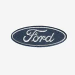 Blue and white Ford logo embroidered iron-on patch with oval design