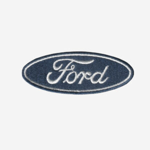 Blue and white Ford logo embroidered iron-on patch with oval design