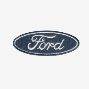 Blue and white Ford logo embroidered iron-on patch with oval design
