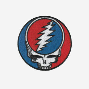 Grateful Dead logo embroidered iron-on patch for jackets, bags, and music festival gear.