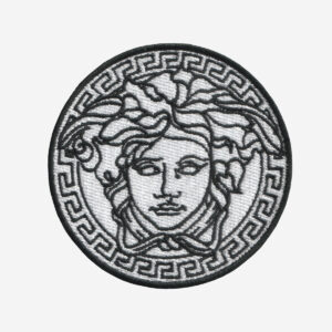 Gucci Versace Medusa logo embroidered iron-on patch for luxury fashion customization.