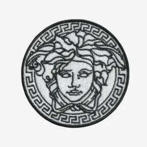 Gucci Versace Medusa logo embroidered iron-on patch for luxury fashion customization.