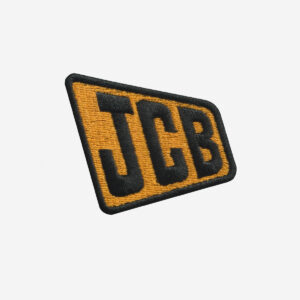 JCB logo embroidered iron-on patch in yellow and black for workwear or accessories.