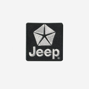 Jeep logo embroidered iron-on patch for outdoor apparel, gear, and accessories.