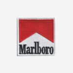 Marlboro logo embroidered iron-on patch for jackets, bags, and retro-style clothing.