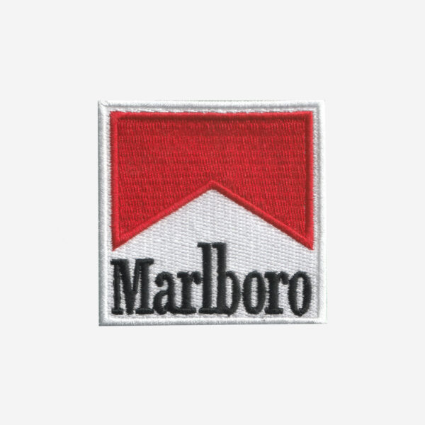 Marlboro Logo Embroidered Iron On Patch Marlboro logo embroidered iron-on patch for jackets, bags, and retro-style clothing.