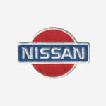 Nissan logo embroidered iron-on patch in silver, black, and red for automotive apparel.