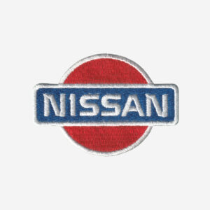 Nissan logo embroidered iron-on patch in silver, black, and red for automotive apparel.