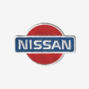 Nissan logo embroidered iron-on patch in silver, black, and red for automotive apparel.