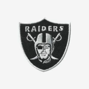 Oakland Raiders logo embroidered iron-on patch for customizing NFL fan apparel and accessories.