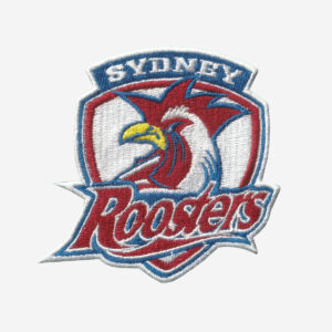 Sydney Roosters embroidered iron-on patch for NRL fan apparel and accessories.