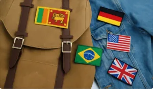 Travel backpack with embroidered flag patches