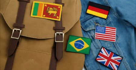 Travel backpack with embroidered flag patches