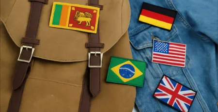Travel backpack with embroidered flag patches