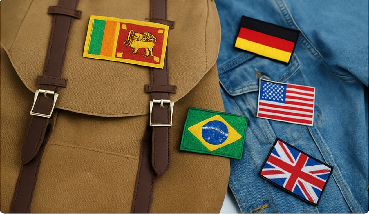 Travel backpack with embroidered flag patches
