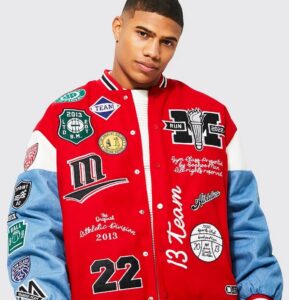 Varsity jacket with embroidered sports logo patch
