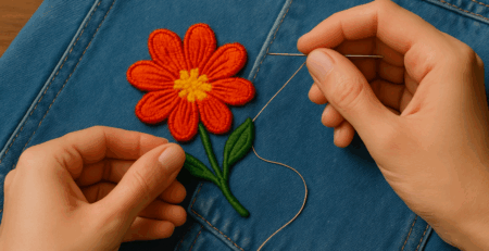 Threading a needle to sew on a patch