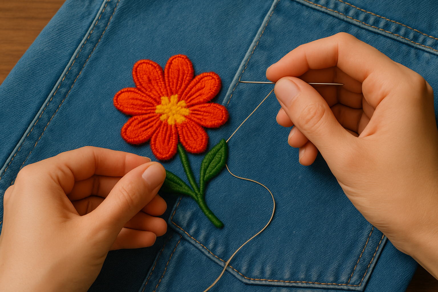 Threading a needle to sew on a patch