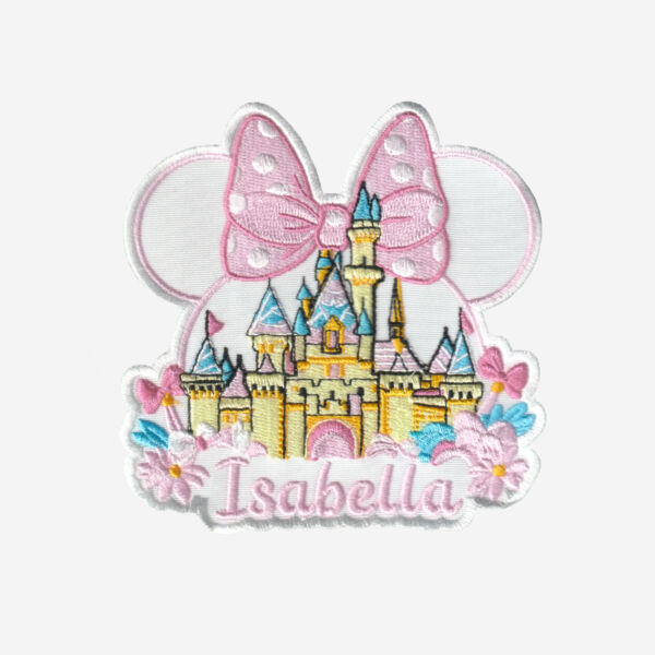 disney coquette castle logo embroidered iron on patch pink bow ribbon 4 inch
