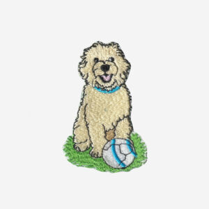 Goldendoodle Dog Sitting with Soccer Ball Embroidered Iron On Patch