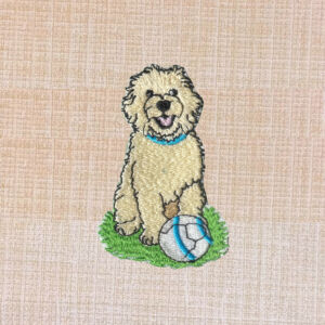 Goldendoodle Dog Sitting with Soccer Ball Embroidered Iron On Patch2