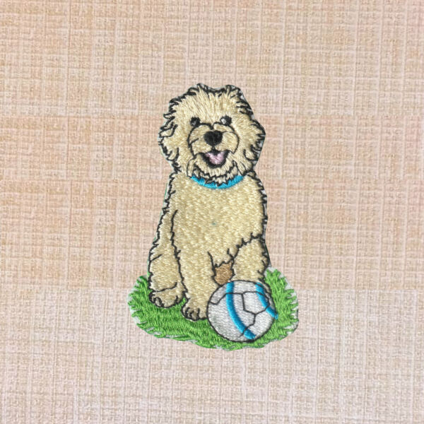 Goldendoodle Dog Sitting with Soccer Ball Embroidered Iron On Patch2